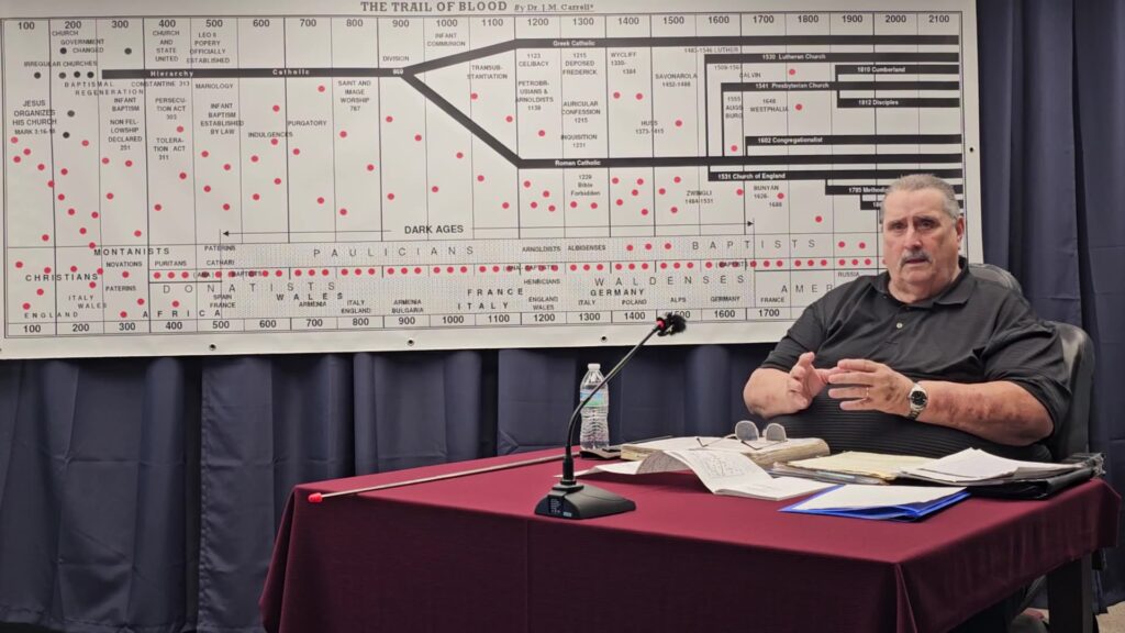 Pastor Jerry Gumm teaching The Trail of Blood